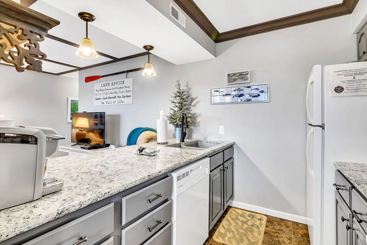 This image captures a corner of a contemporary kitchen with a prominent granite countertop, stylish decorative light fixtures, wall art with a lake advice theme, and a touch of greenery. The setup is inviting and clearly suited for both cooking and entertaining, showcasing a modern ambiance ideal for family gatherings.